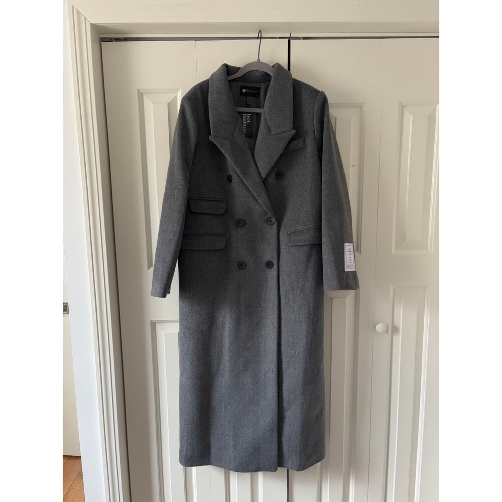 Gray Long Coat Premium Cotton Blend Elegant Women Coat - Picture 4 of 9